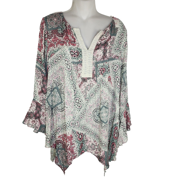 Haute Hippie Tops - Haute Hippie Tribe Womens Top Medium Asymmetrical Bohemian Patchwork Bell Sleeve